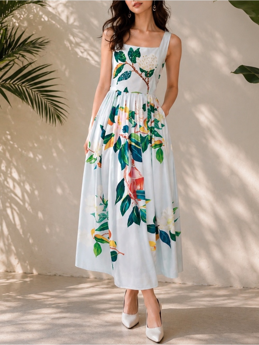 BURRYCO Light Blue Floral Print Embellished Midi Dress with Square Neck